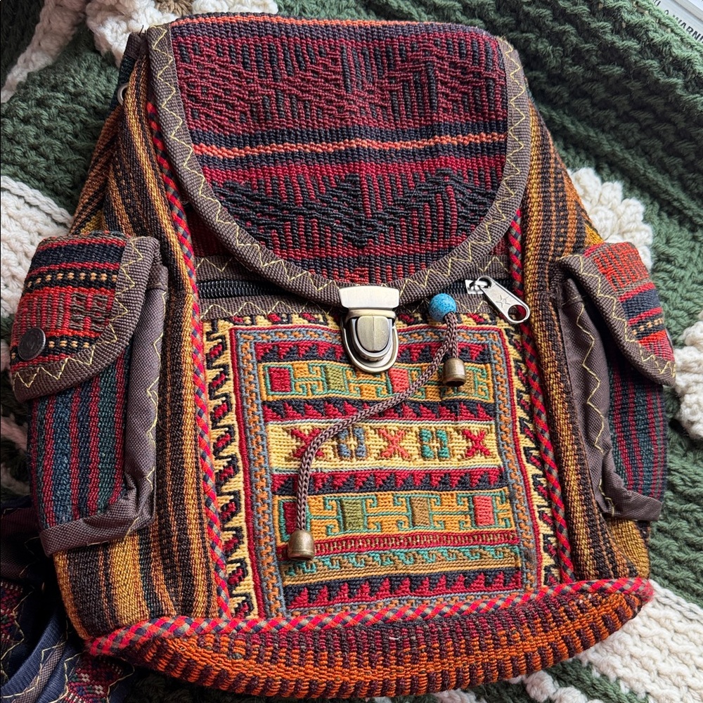 Handmade Bohemian Backpack with Brown Suede Backing